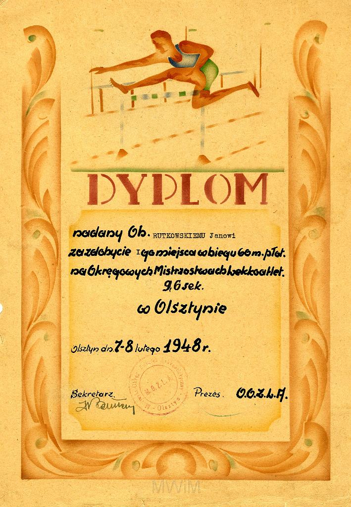 KKE 3239.jpg - Dyplom, Jana Rutkowskiego za I m. bieg przez płotki, Olsztyn, 1948 r.